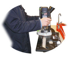 Worktops are cut with a hand router and jig.