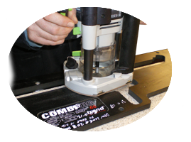 Worktops are cut with a hand router and jig.